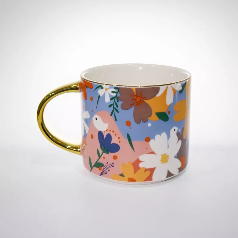 Mug Keramik Bunga Cerah dengan Trim Emas